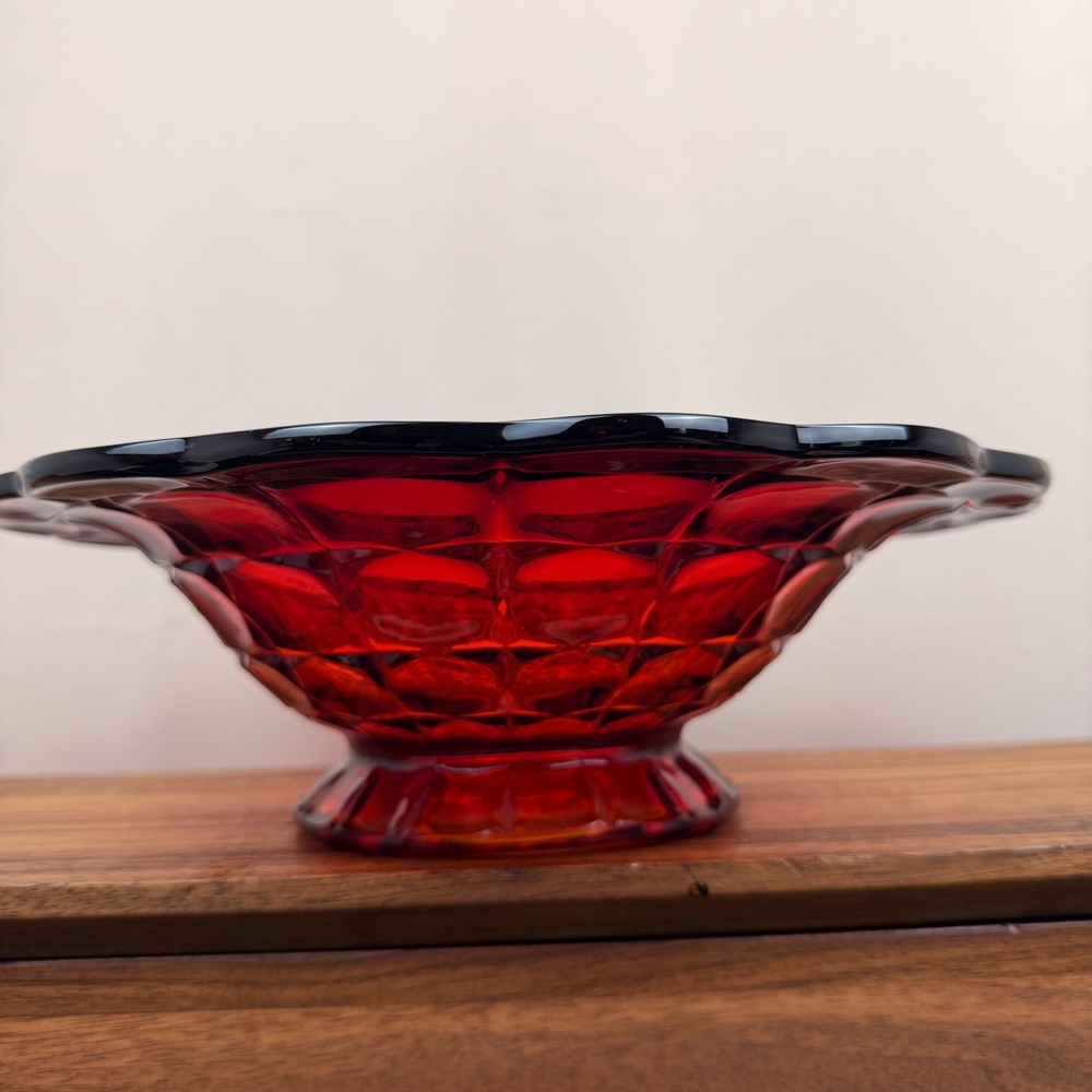 Tiara Constellation Sunset Amberina Glass Bowl Vintage Scalloped Footed 12 Inch